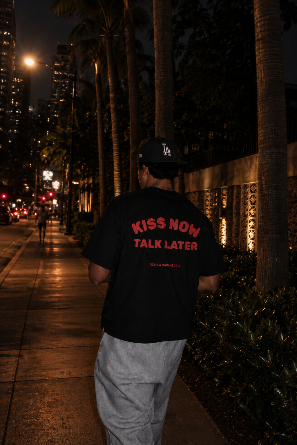 Kiss Now Talk Later Tee — Funny Romantic Graphic T-Shirt ("Tequila Made Me Do It")